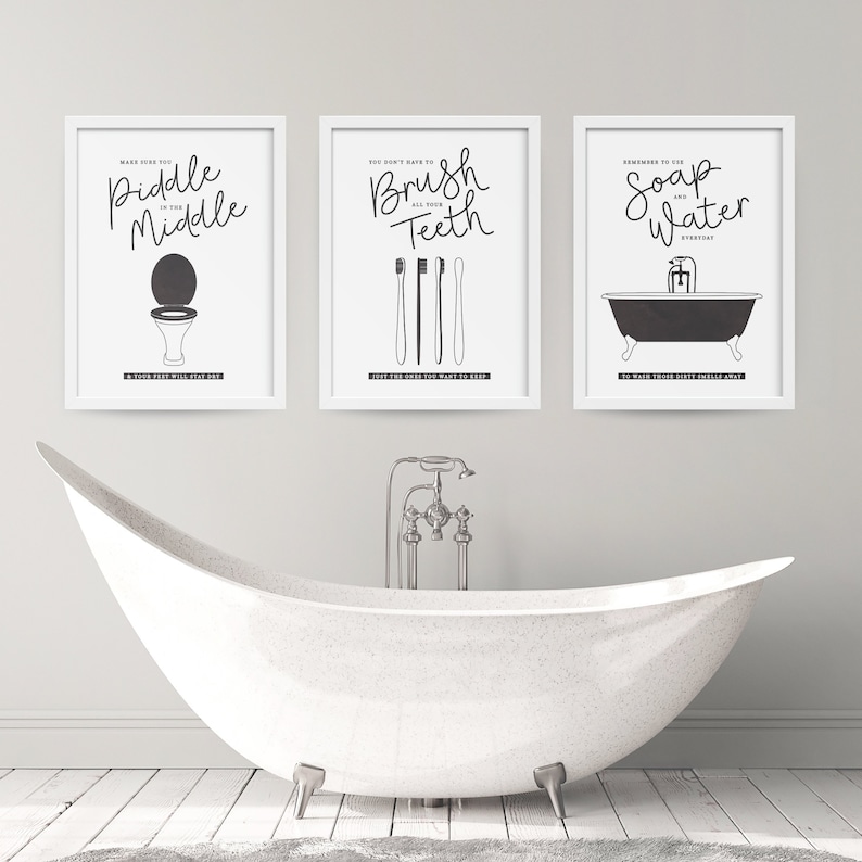 Set of 3 Bathroom Etiquette Prints, Toilet, Tooth Brush, Bath, Bathroom Wall Art Etsy UK
