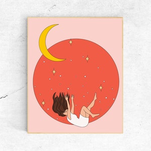 Falling Through Stars, Retro Trendy Aesthetic Print, 70s Vintage, Vibrant Cheeky Wall Art, Digital Download