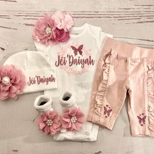 Baby Girl Coming Home Outfit Baby Girl Clothes NB 3m 6m 12m Personalized Newborn Girl Outfit Take Home Outfit with Name Monogram Mauve Pink