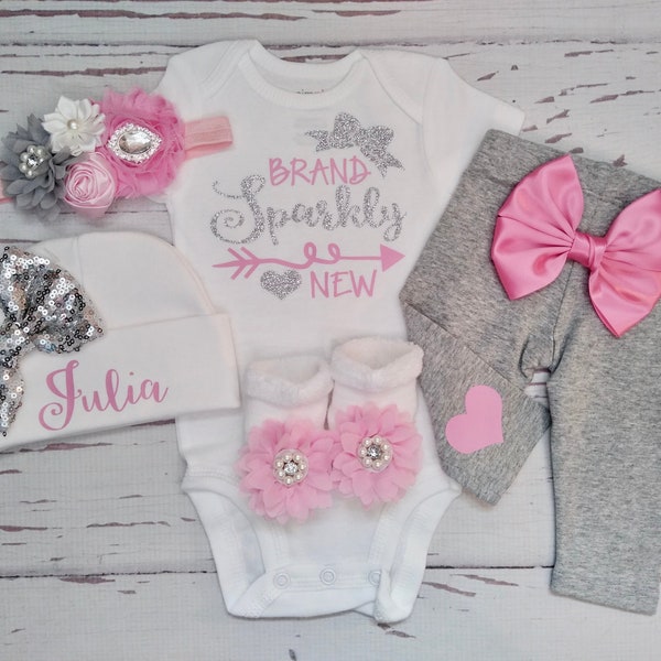 Tenue personnalisée pour bébé fille nouveau-né tenue de retour à la maison vêtements pour bébé fille cadeau de baby shower avec nom flambant neuf paillettes scintillantes