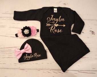 Baby Girl Coming Home Outfit Baby Girl Clothes Personalized Newborn Girl Outfit Name Take Home Newborn Baby Gown Dress Layette Pink Gold Hat