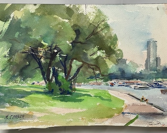 Original Watercolor Artwork, Mae Connor, Chicago Harbor