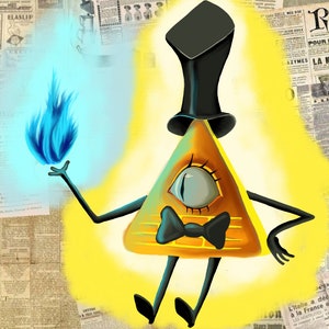May include: A cartoon illustration of a yellow triangle with a single eye, wearing a black top hat and bow tie. The triangle is holding a blue flame in its hand. The background is a newspaper print.