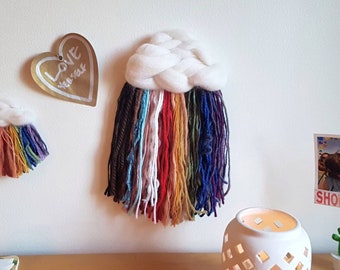 Fluffy Rainbow Cloud Wall Hanging, Woven Progress Pride Tapestry