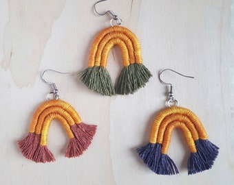 Gold Rainbow Arch Earrings, Macrame Crescent Earring