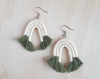 White Arch Earrings, Trio Rainbow Macrame Jewelry, Statement Earring, Woven Fan Earring