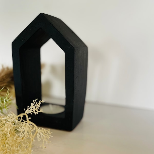 Dark Grey Black Concrete House Tea Light Candle Holder or Book End