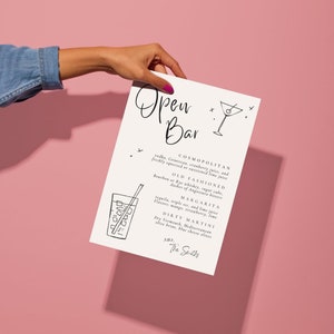 Wedding Drink Bar Menu Template, Fully Personalized Open Bar Wedding Drinks Template with Free Canva App
