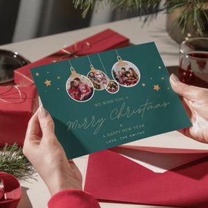 Cartão de Natal com foto de família de férias Feliz Ano Novo | Modelo de cartão de felicitações exclusivo para impressão de férias de Natal personalizado