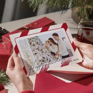 Modelo de cartão de Natal com foto de família para o feriado, feriado personalizado | Modelo de cartão de felicitações exclusivo para impressão festivo e natalino