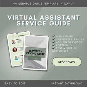 Può includere: Un modello digitale per una guida ai servizi di assistente virtuale. Il modello include sezioni per testimonianze, servizi e prezzi, una pagina introduttiva, servizi aggiuntivi, un portfolio e altro ancora. Il modello è facile da modificare e può essere scaricato istantaneamente.