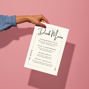 Wedding Drink Menu Digital Template, Instant Download Fully Customizable Wedding Party Bar Drinks Template