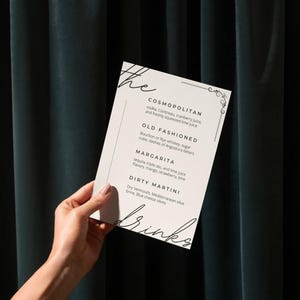 Szablon menu drinków dla baru, koktajle, wino, alkohol i inne menu drinków na wesele lub specjalne wydarzenie