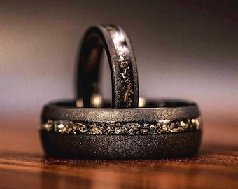 Couples Black Meteorite Wedding Band Set: Unique Matching Ring Set 8mm and 4mm
