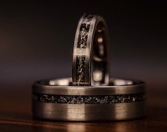 COUPLES SILVER METEORITE Rings, His and Hers Wedding Rings, Silver & Meteorite Wedding Bands, Matching Wedding Rings, Real Meteorite Ring