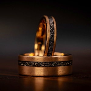 COUPLES METEORITE Wedding RINGS, His and Hers Wedding Rings, Rose Gold & Meteorite Wedding Bands, Wedding Ring Set, Real Meteorite Rings