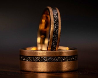 COUPLES METEORITE Wedding RINGS, His and Hers Wedding Rings, Rose Gold & Meteorite Wedding Bands, Wedding Ring Set, Real Meteorite Rings