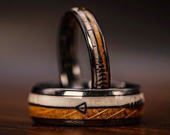 COUPLES Deer ANTLER & Whiskey Barrel WEDDING Rings, His and Hers Wedding Bands, Engagement Rings, Matching Wedding Rings, Couples Ring Set