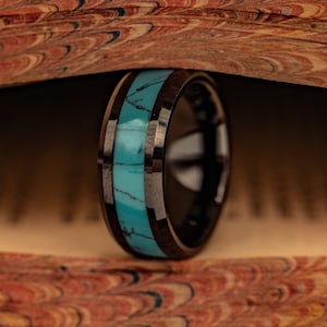TURQUOISE & BLACK WEDDING Band, Men&#39;s Turquoise Wedding Ring, Black and Turquoise Ring, Mens Engagement Ring, Turquoise Ring, Black Ring,8MM