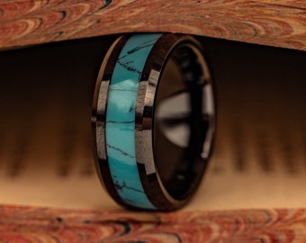 TURQUOISE & BLACK WEDDING Band, Men's Turquoise Wedding Ring, Black and Turquoise Ring, Mens Engagement Ring, Turquoise Ring, Black Ring,8MM