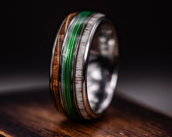 Fishing Wedding Ring with Antler and Whiskey Barrel Wood, Green Fishing Line Wedding Band, Antler Ring, Outdoorsman Ring, Fisherman&#39;s Ring