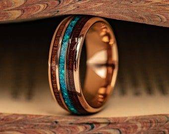 Rose Gold & KOA WOOD Wedding Band with Blue OPAL, Hawaiian Koa Wood Wedding Band, Rose Gold and Opal Ring, Wood Wedding Ring, Opal 8MM Ring