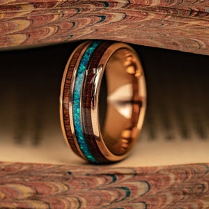 Rose Gold & KOA WOOD Wedding Band with Blue OPAL, Hawaiian Koa Wood Wedding Band, Rose Gold and Opal Ring, Wood Wedding Ring, Opal 8MM Ring