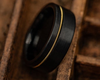 Black WEDDING RING with GUITAR String Inlay, Black and Gold Ring, Men's Wedding Band Black, Guitar Wedding Ring, Musician Gift, Guitarist