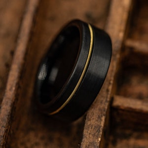 Black WEDDING RING with GUITAR String Inlay, Black and Gold Ring, Men's Wedding Band Black, Guitar Wedding Ring, Musician Gift, Guitarist