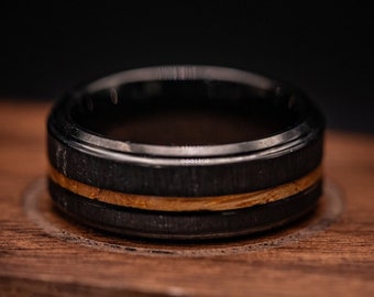 KOA-HOLZ-RING, schwarz gebürsteter Wolfram- und Koa-Holz-Ring, Koa-Ring, Koa-Ehering, hawaiianischer Koa-Ring, Herren-Ehering, Wolfram-Ring 8 mm