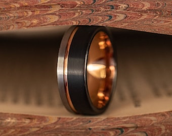 SILVER and Rose Gold WEDDING RING: Two Tone Tungsten Ring, Mens Wedding Ring, Mens Wedding Band, Rose gold Ring, Unique Mens Engagement Ring