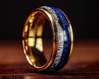 Rose GOLD & LAPIS LAZULI Wedding Band, Meteorite Wedding Band, Men's Rose Gold Wedding Band, Meteorite Wedding Band, Unique Engagement Ring