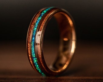 Rose Gold & KOA WOOD Wedding Ring with Blue OPAL 6mm Width, Hawaiian Koa Wood Wedding Band, Rose Gold Opal Ring, Wood Wedding Ring, 6mm Ring