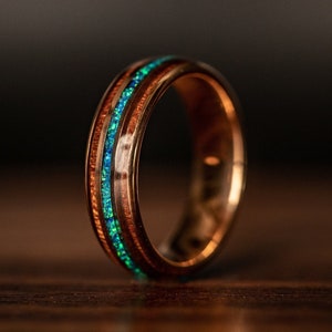 Rose Gold & KOA WOOD Wedding Ring with Blue OPAL 6mm Width, Hawaiian Koa Wood Wedding Band, Rose Gold Opal Ring, Wood Wedding Ring, 6mm Ring