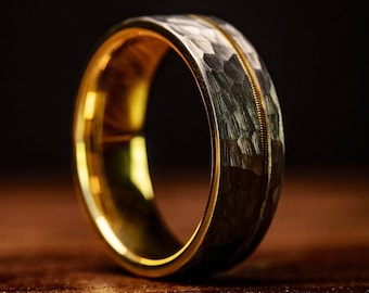 Hammered Tungsten Gold Inlay Ring: Guitar String Wedding Band