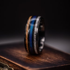 Fishing Line Wedding Ring, Blue Fishing Line, Antler and Whiskey Barrel Wood, Fisherman&#39;s Wedding Band, Antler Ring, Outdoorsman Ring, 8MM