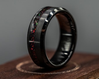 BLACK FIRE OPAL, Black Brushed Tungsten and fire opal ring, Black and Fire Opal Band, Unique Ring, Mens Wedding Band, Tungsten Ring 8MM