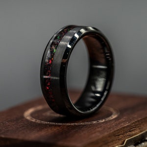 Black Fire Opal Tungsten Wedding Ring - Brushed Finish, Unique Mens Band