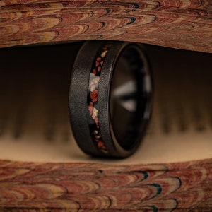 Unique Black WEDDING Band, Red DINOSAUR BONE Ring, Black Sandblasted Tungsten & Dinosaur Bone Wedding Ring, T-Rex Bone Ring, Dinosaur Bones
