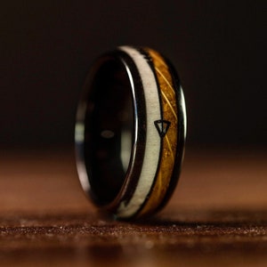 DEER ANTLER WEDDING Ring with Whiskey Barrel Wood Inlay, Mens Deer Antler Wedding Band, Real Deer Antler Jewelry, Mens Engagement Ring, 8mm
