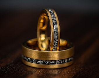 COUPLES GOLD WEDDING Rings, Yellow Gold Ring, His and Hers Wedding Rings, Gold & Meteorite Wedding Bands, Wedding Ring Set, Meteorite Ring