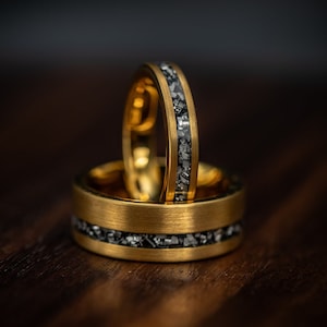 COUPLES GOLD WEDDING Rings, Yellow Gold Ring, His and Hers Wedding Rings, Gold & Meteorite Wedding Bands, Wedding Ring Set, Meteorite Ring