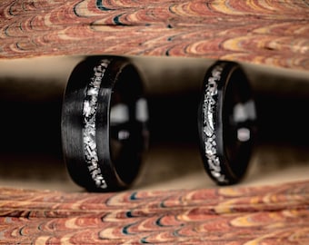Couples Wedding Ring Set | Black Wedding Bands for Couples | His and Hers Rings | Black Tungsten Wedding Rings | Meteorite Rings for Couples
