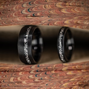 COUPLES Black Brushed METEORITE Rings, His and Hers Wedding Rings, Meteorite Wedding Bands, Matching Wedding Rings, Real Meteorite Ring