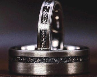 Silver Meteorite Wedding Band Set - His and Hers Matching Rings, Couples Bands