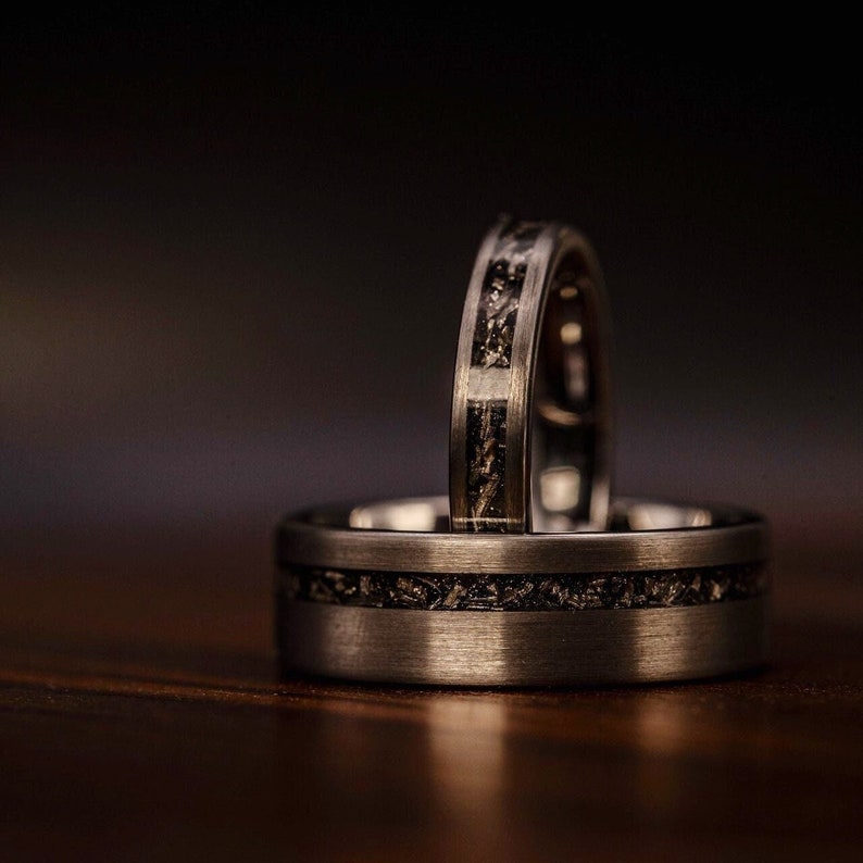Silver Meteorite Wedding Ring Set - His and Hers Tungsten Rings