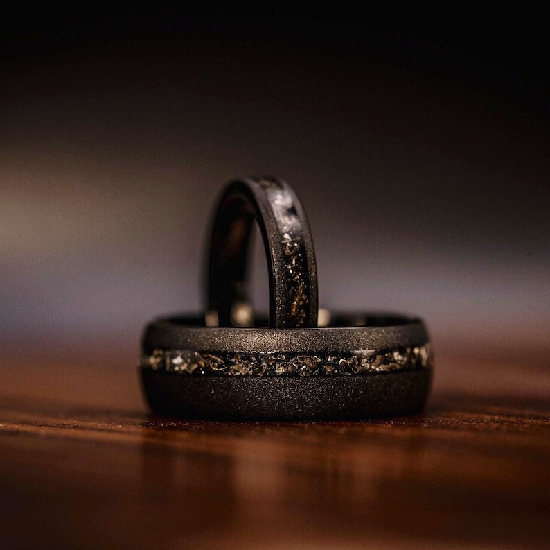 Couples Black Meteorite Wedding Ring Set: Unique Engagement Rings 8mm and 4mm