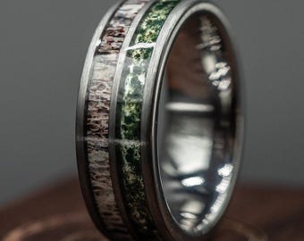 Deer Antler Moss Agate Wedding Ring for Men, 8mm Silver Tungsten Band