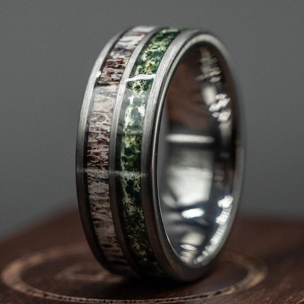 Deer Antler Moss Agate Wedding Ring for Men, 8mm Silver Tungsten Band