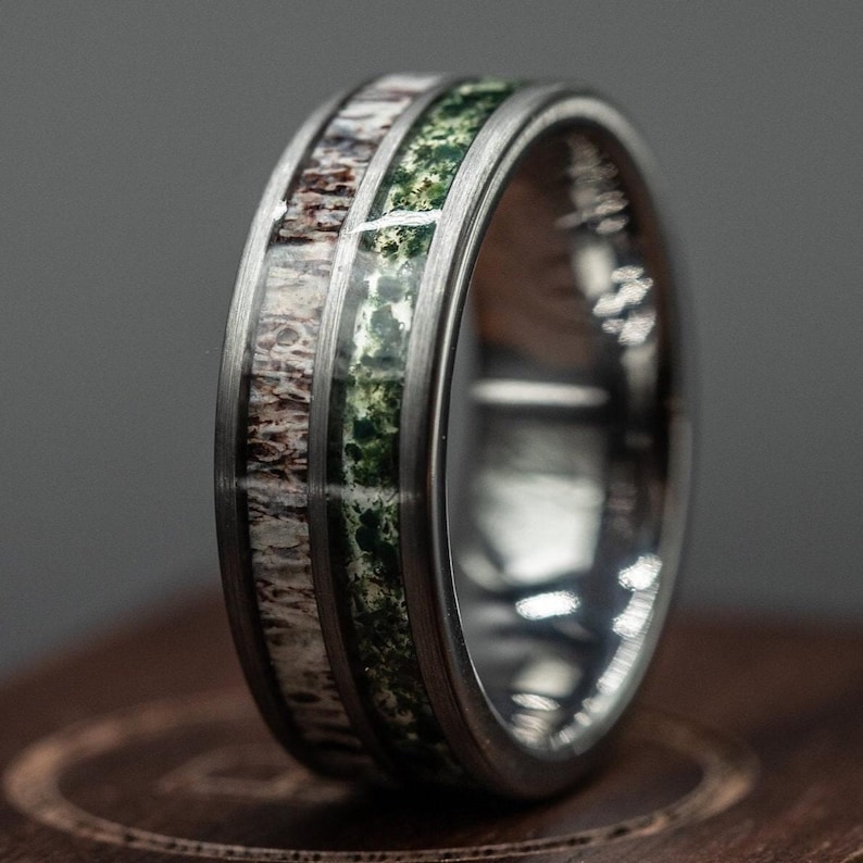 Deer Antler Moss Agate Wedding Ring for Men, 8mm Silver Tungsten Band